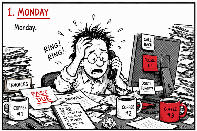 Panel 1 — Monday: an overwhelmed SMB owner at a desk piled with invoices, past-due notices, payroll, three coffee mugs, a ringing phone, and a to-do list of client calls, follow-ups, reports, and bill pay.